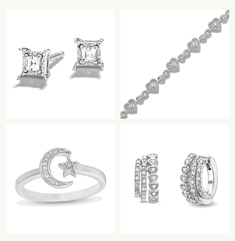 Assortment of silver-set jewelry with diamonds, including studs, heart tennis bracelet, ring & heart huggies.