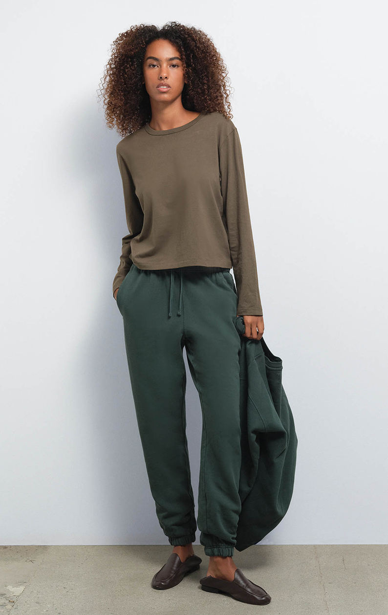 Organic Fleece Sweatpant in Balsam, Organic Pima Long Sleeve Tee in Mocha