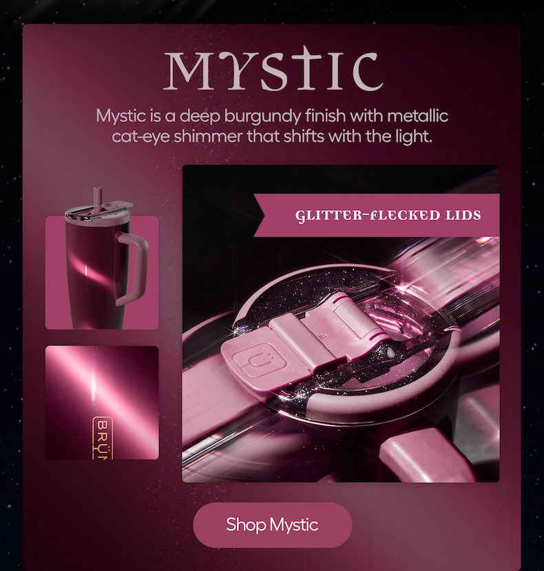 Mystic is a deep burgundy finish with metallic cat-eye shimmer that shifts with the light. Glitter-flecked Lids. 