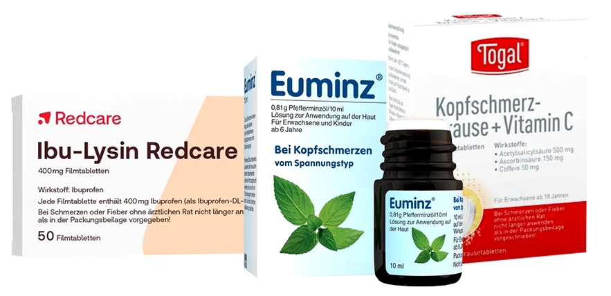 Ibu-Lysin Redcare, Euminz und Togal Kopfschmerz-Brause + Vitamin C.