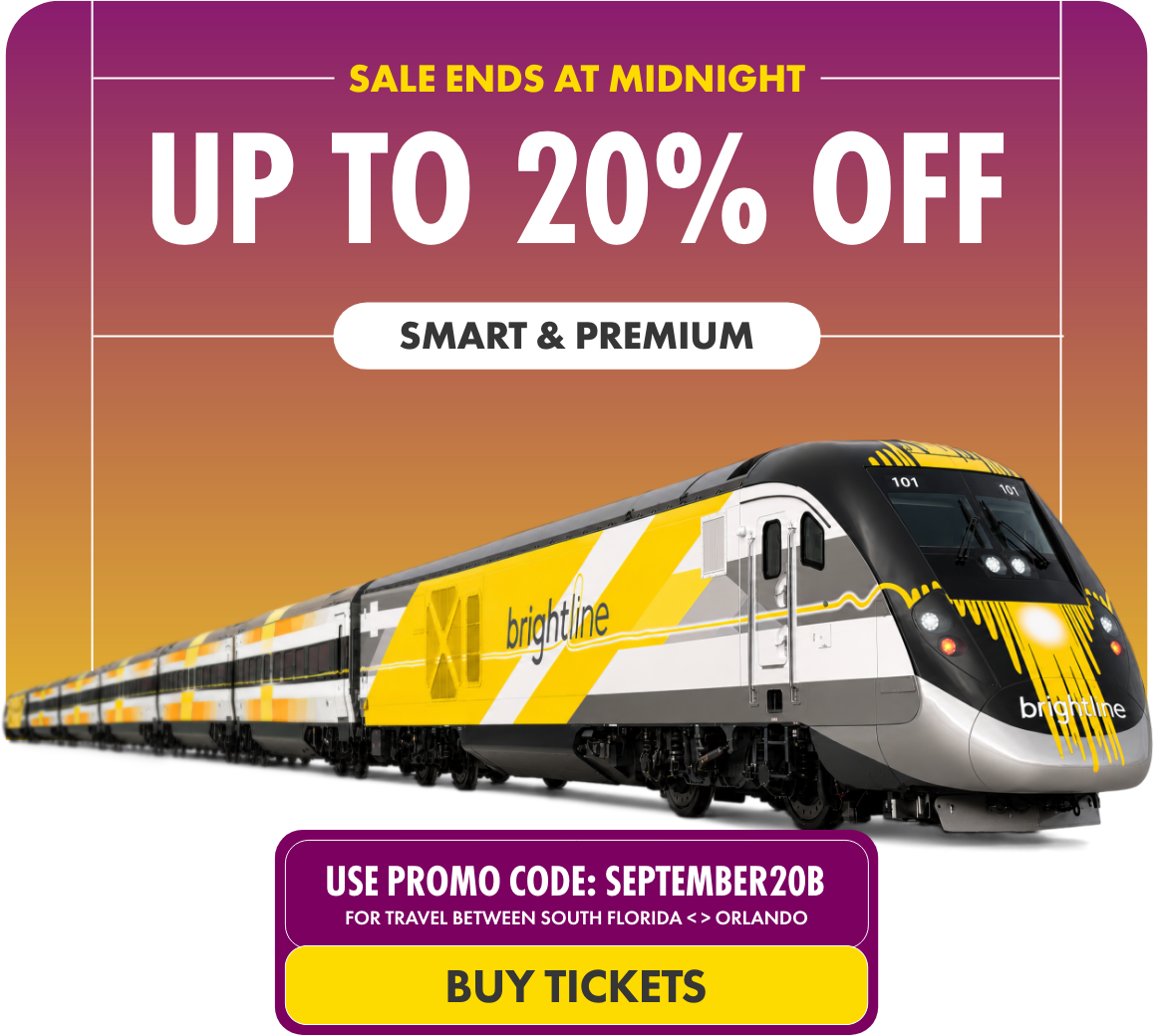 Promotional graphic advertising a Brightline train ticket discount. The main text highlights a sale ending at midnight with up to 20% off, described as smart and premium. A sleek yellow and white Brightline train is shown across the bottom of the image. Additional text features a promo code SEPTEMBER20B and mentions travel between South Florida and Orlando, with a call-to-action button to buy tickets.
