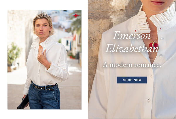 Emerson Elizabethan - A modern Romance. - Shop now - Image of a woman wearing a white ruffle pop-collar top.