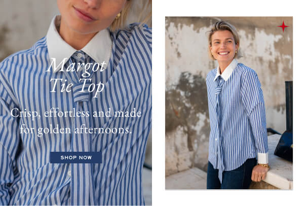 Margot Tie Top - Crisp, effortless and made for golden afternoons. - Shop now - Image of a woman wearing a blue stripe top with removable tie detail.