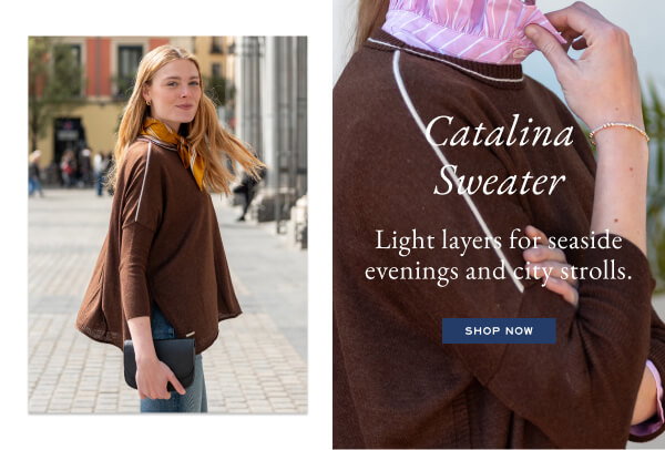 Catalina Sweater - Light layers for seaside evenings and city strolls. - Shop now - Image of a woman wearing a brown sweater with white contrast detail.