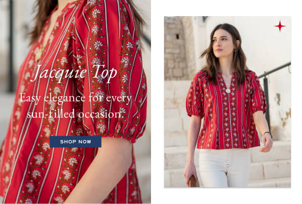 Jacquie Top - Easy elegance for every sun-filled occasion. - Shop now - Image of a woman wearing a red short sleeve top.