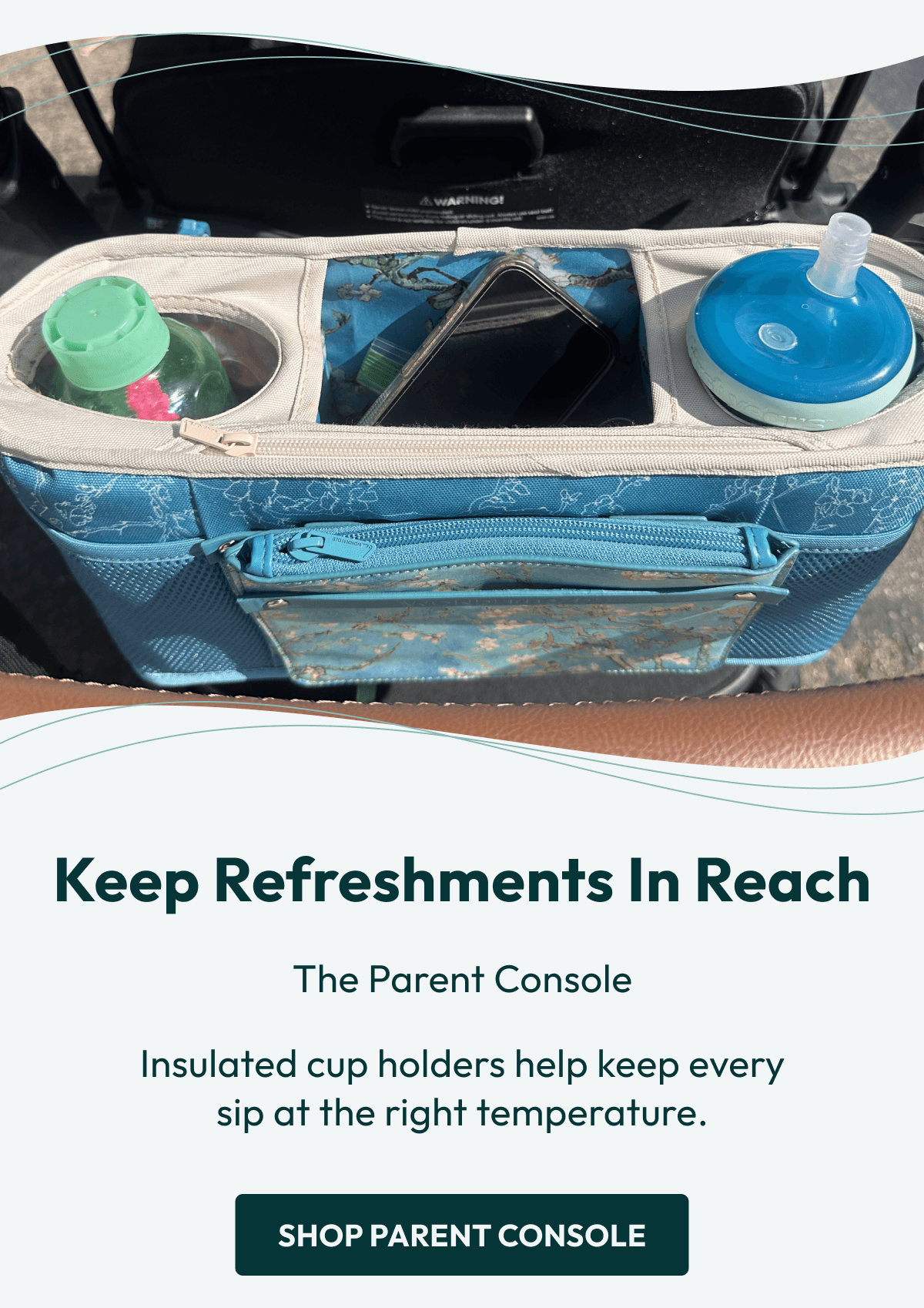 Keep Your Coffee in Reach The Parent Console Insulated cup holders help keep every sip at the right temperature. |  Shop Parent Console