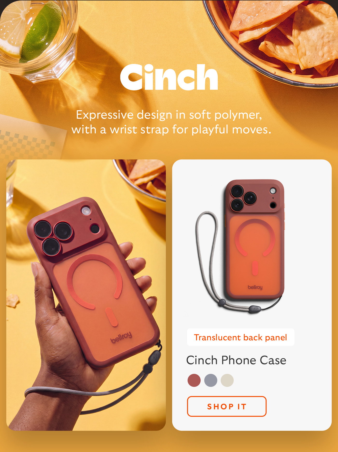 [Header] Phone Case [Subhead] Slimline heritage-inspired design [Icons] Leather or leather-alt FutureGrain™ Super-slim profile MagSafe compatible