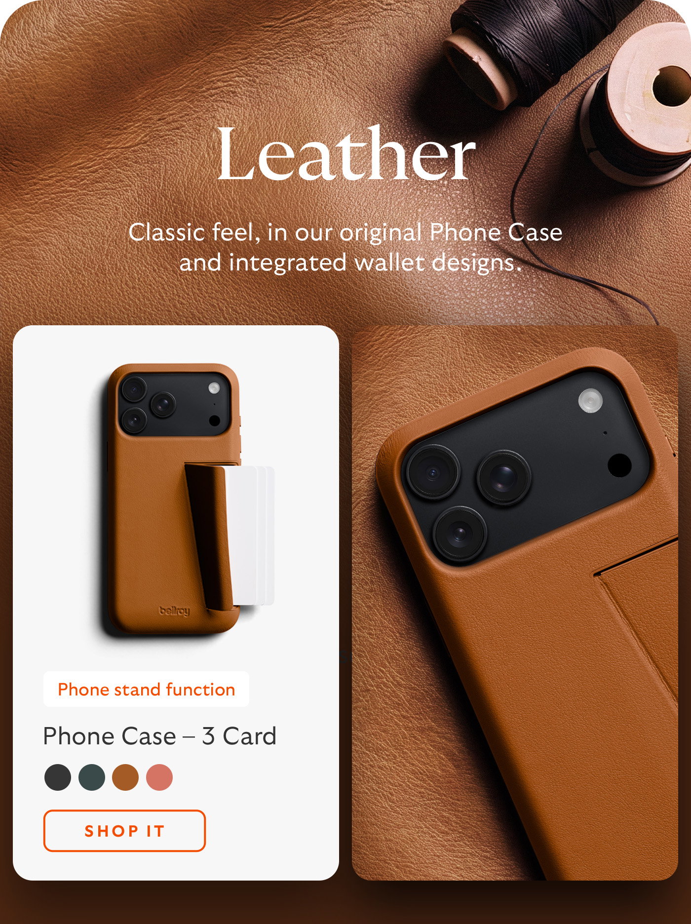 [Header] Phone Case – 3 Card [Subhead] Classic feel + minimalist wallet [Icons] Integrated wallet Phone stand function Magnetic closure [CTA] Shop it
