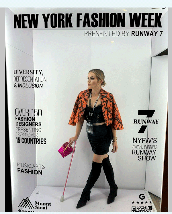 Woman with cane at New York Fashion Week