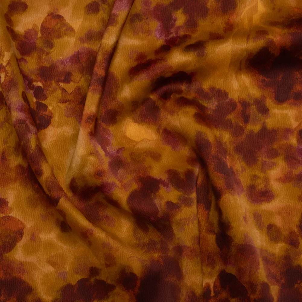 Image of Stretch Polyester Crepe Back Satin - Burgundy and Gold Floral Impressions - Designer Deadstock