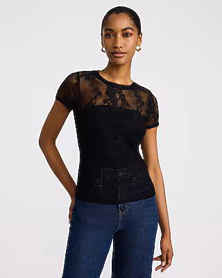 Sheer Lace Crew Neck Short Sleeve Tee