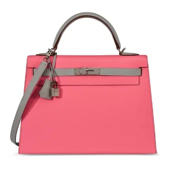 A Custom Rose Azalee & Gris Mouette Epsom Leather Sellier Kelly 32 With Brushed Palladium Hardware