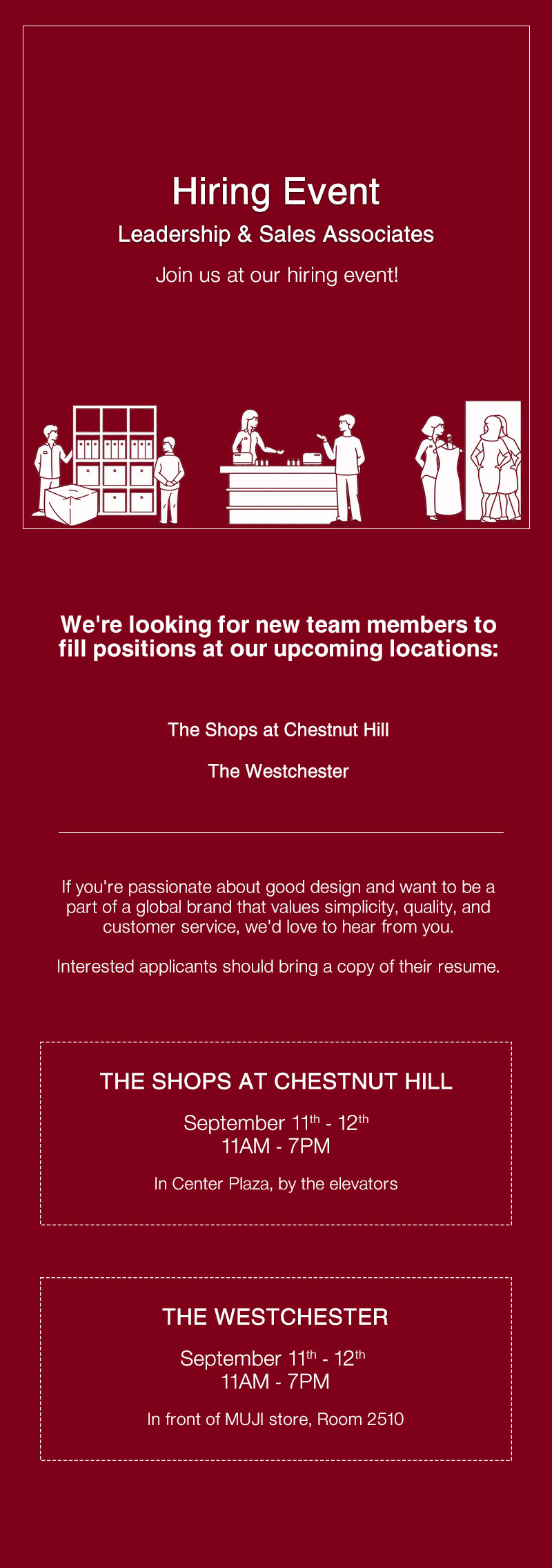 Join us for our hiring event at Chestnut Hill and Westchester!
