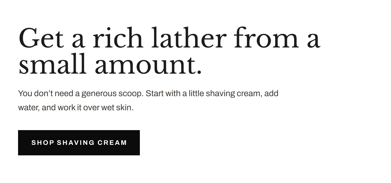 Header text, “Get a rich lather from a small amount,” with “Shop Shaving Cream” button.