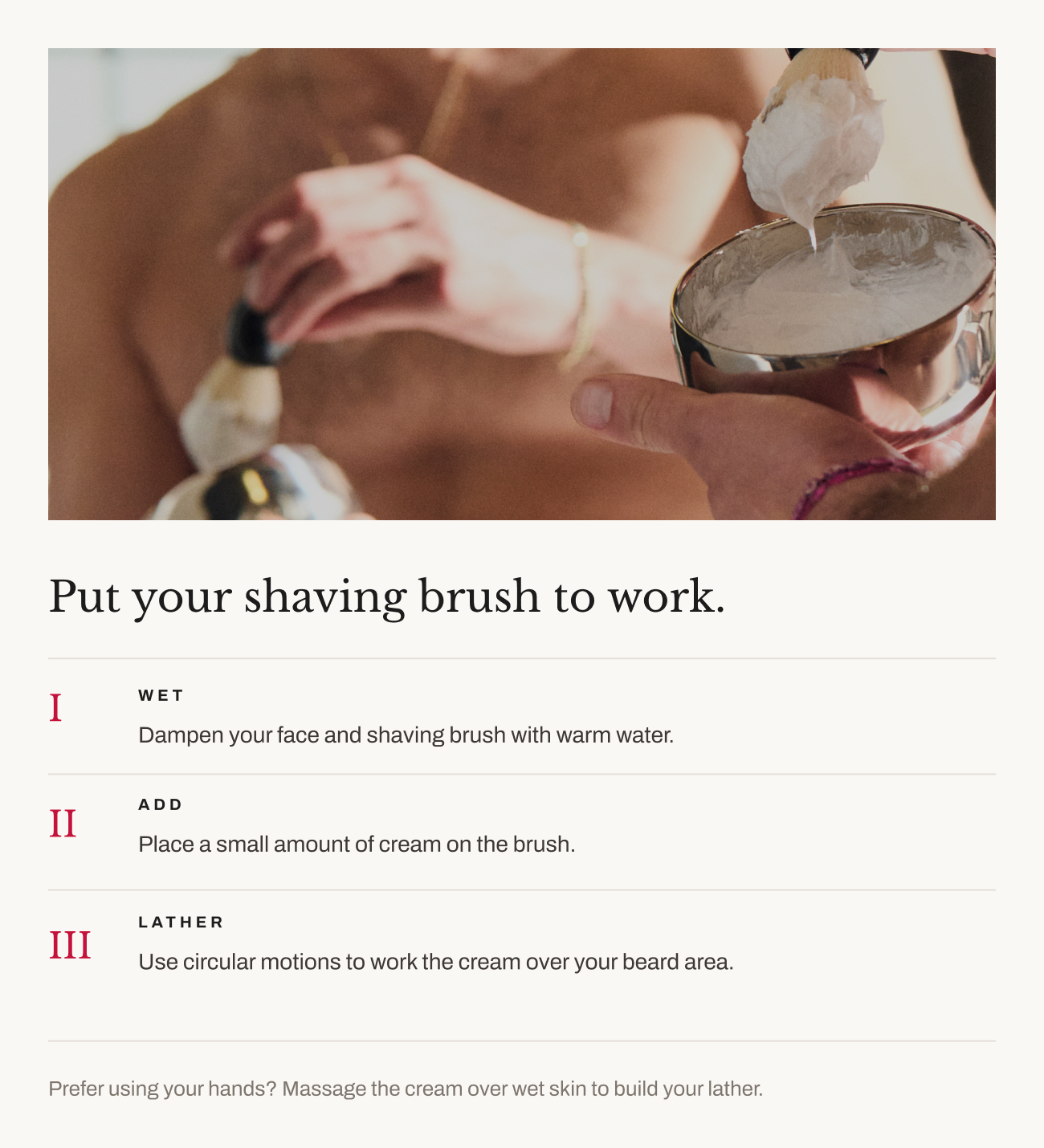 Shaving brush lathering guide with wet, add and lather steps.
