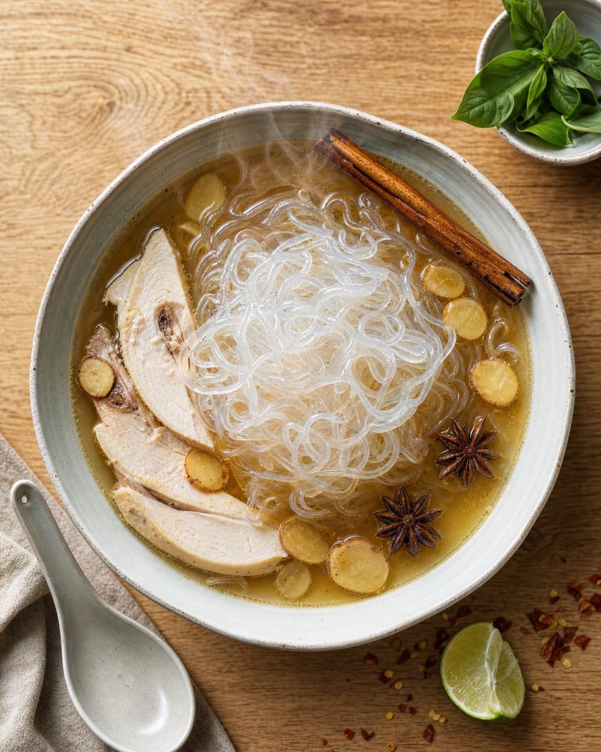 A bowl of pho with white konjac noodles, ginger and herbs