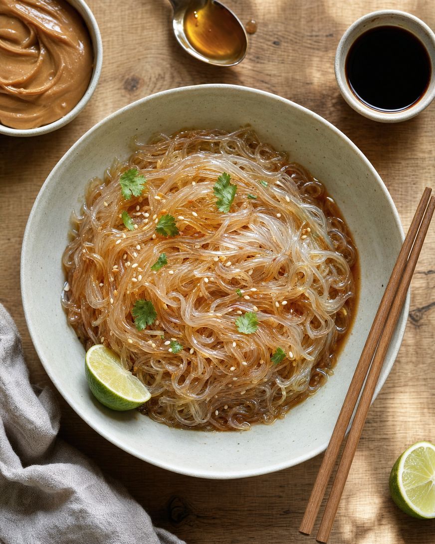 A bowl of konjac noodles tossed with sesame, lime and scallion