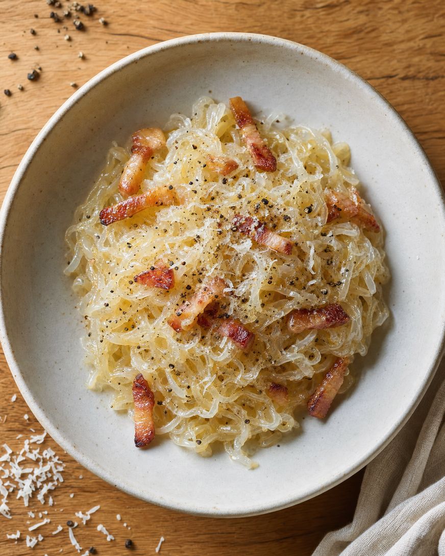 A bowl of egg white noodles with egg, pepper and parmesan