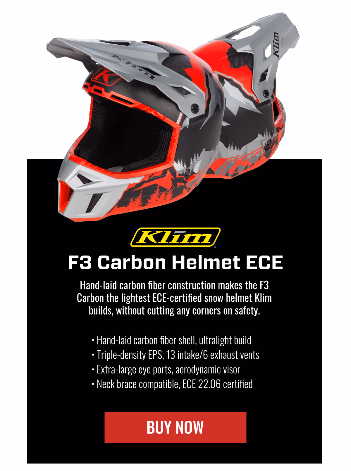 KLIM F3 CARBON HELMET | Hand-laid carbon fiber construction makes the F3 Carbon the lightest ECE-certified snow helmet Klim builds, without cutting any corners on safety. | BUY NOW