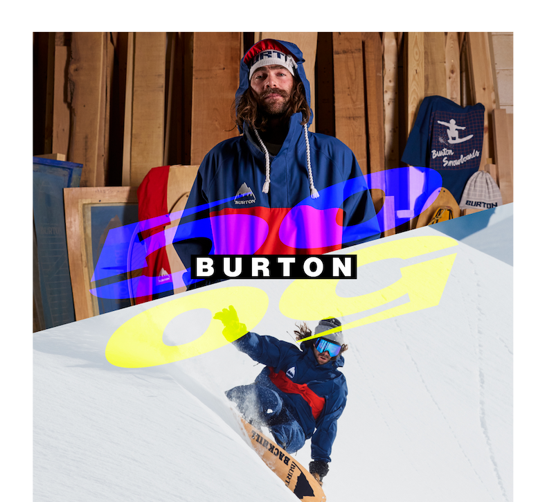 Burton 50th anniversary graphic: a man in retro gear above a snowboarder carving down a slope.
