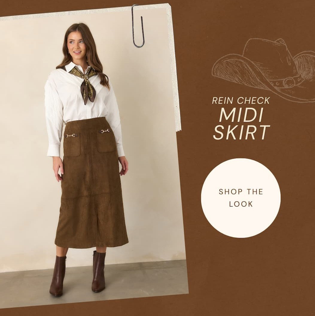 "Rein check suede mini skirt. Shop the look."