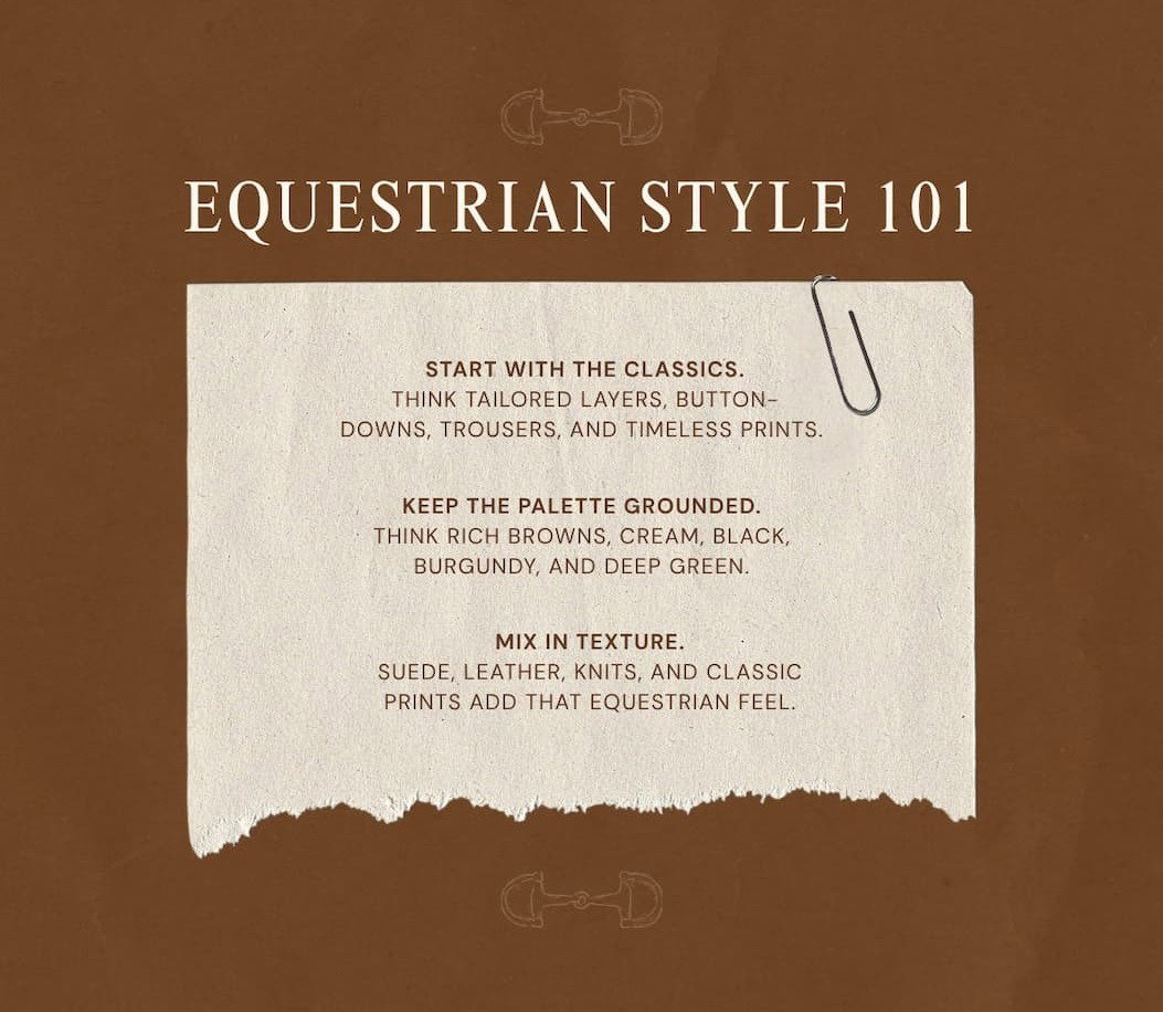 "Equestrian Style 101. Start with the classics. Keep the palette grounded. Mix in the texture."