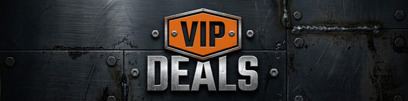 VIP Deals typographic logo with industrial metal styling and orange accents