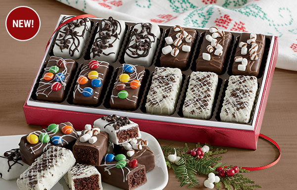 Rich chocolate brownie bars hand-decorated with sweet gourmet toppings.