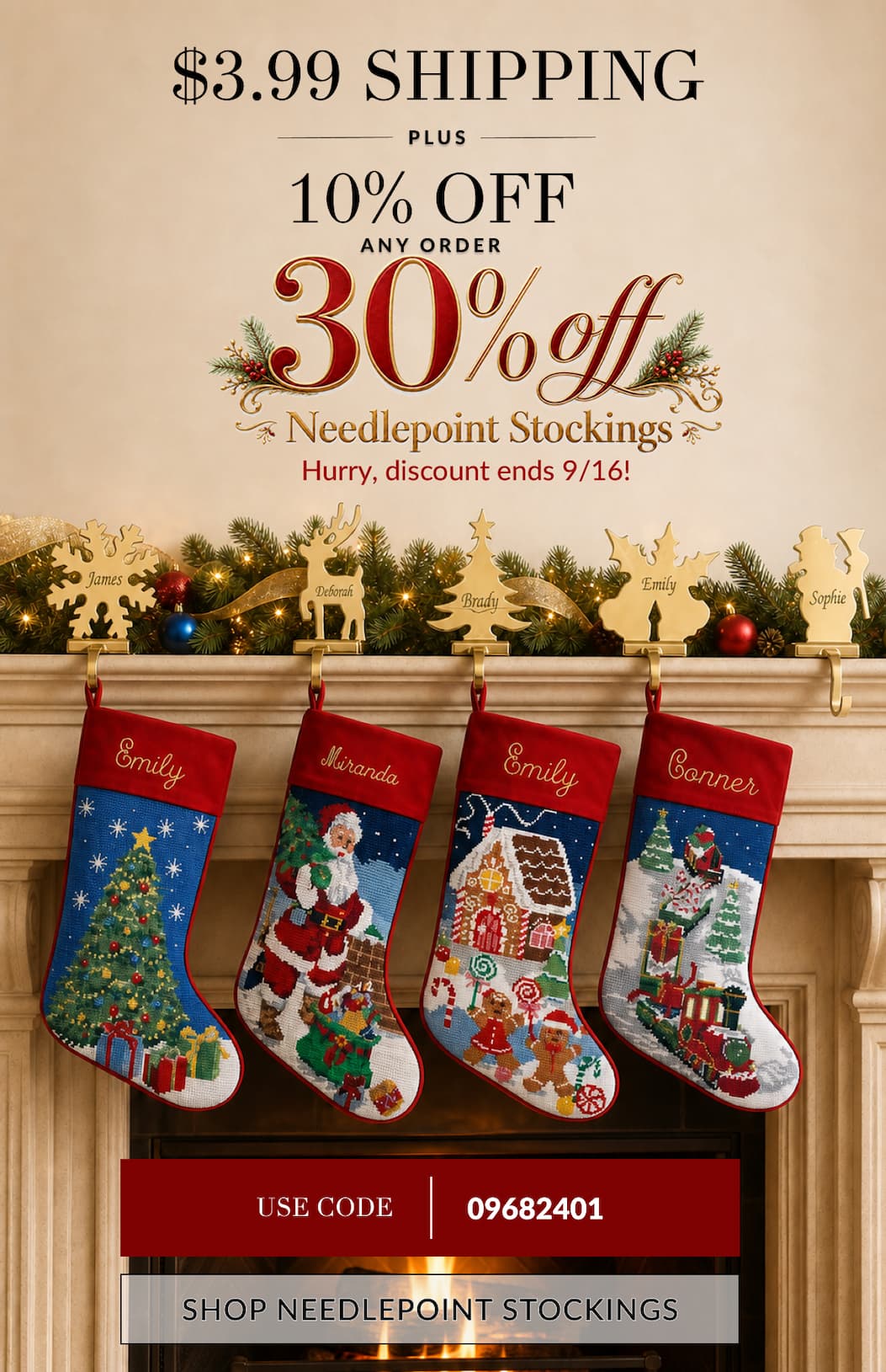 $3.99 Shipping Plus 10% Off Any order | 30% Off Needlepoint Stockings Hurry, discount ends 9/16