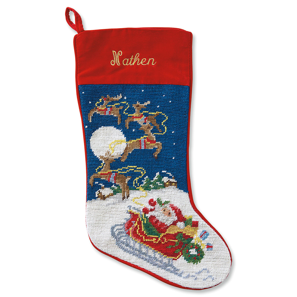 Image of Sleigh & Reindeer Heirloom Needlepoint Personalized Christmas Stocking