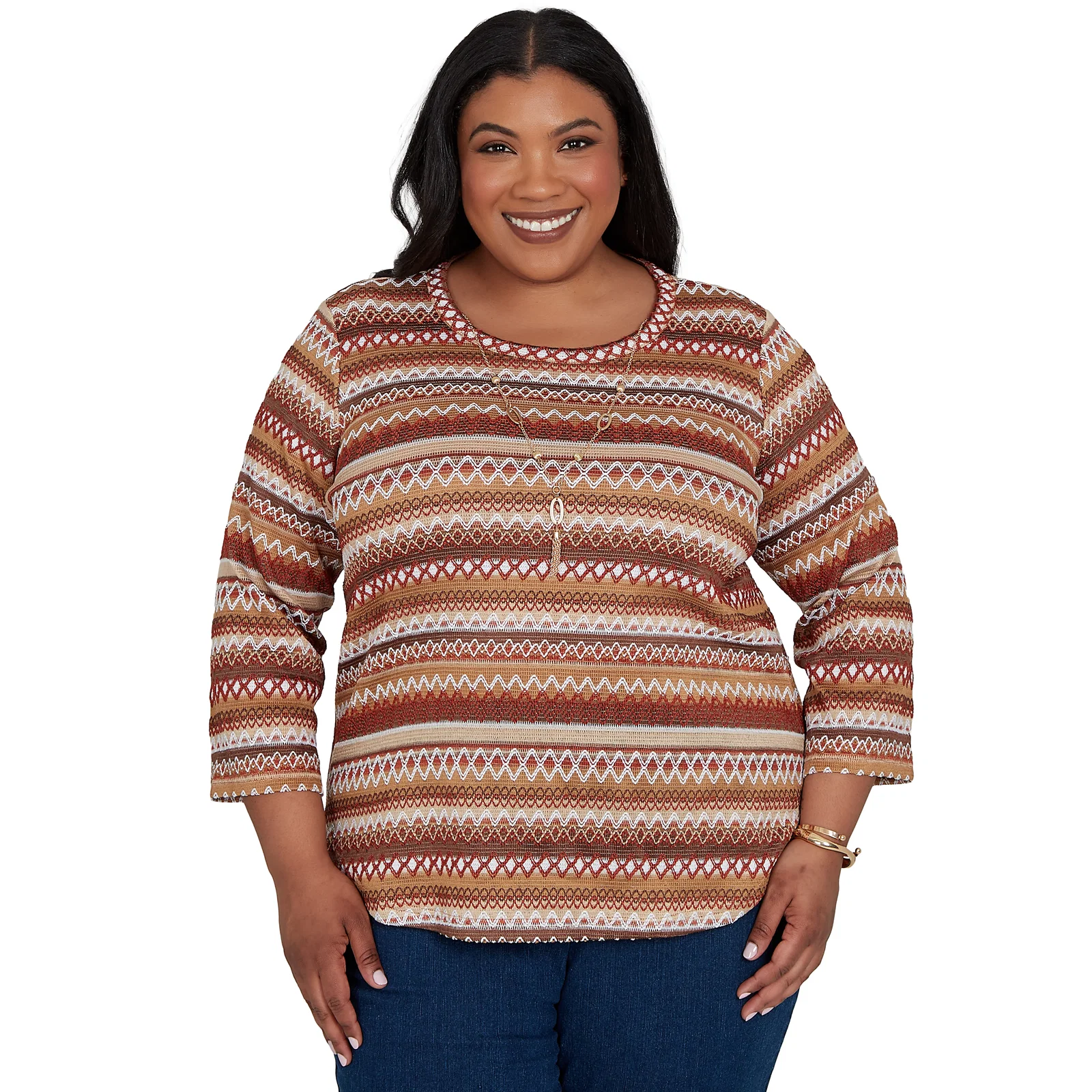 Image of Alfred Dunner Textured Stripe Knit Top with Necklace - Tan - Plus