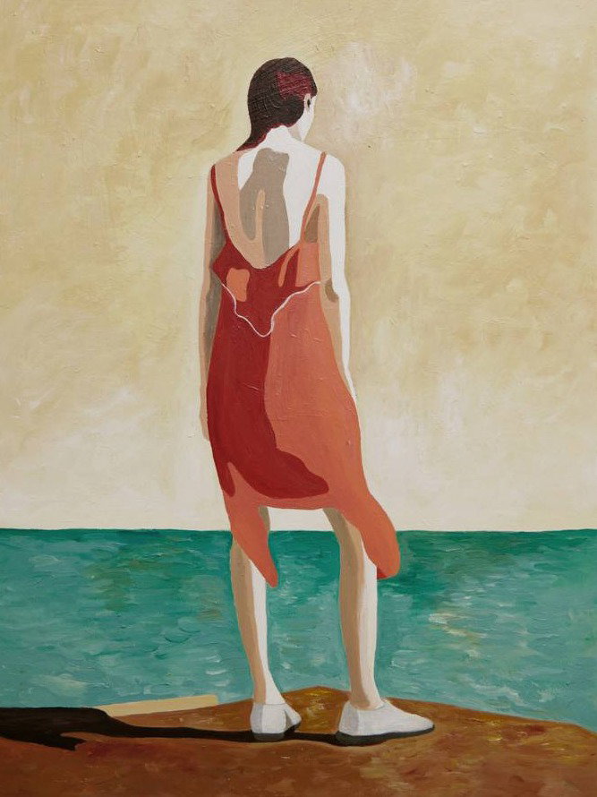 woman standing on cliff ledge painting