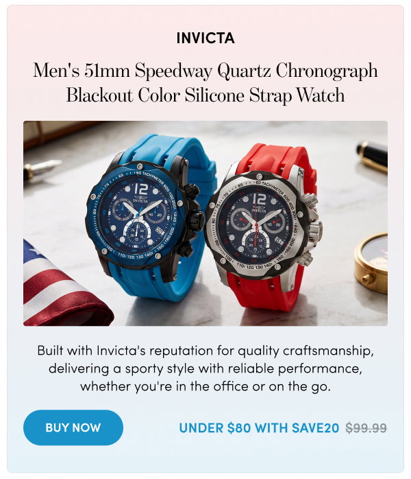 INV-20075, INV-33934 Invicta Men's 51mm Speedway Quartz Chronograph Blackout Color Silicone Strap Watch – Under $80 with SAVE20