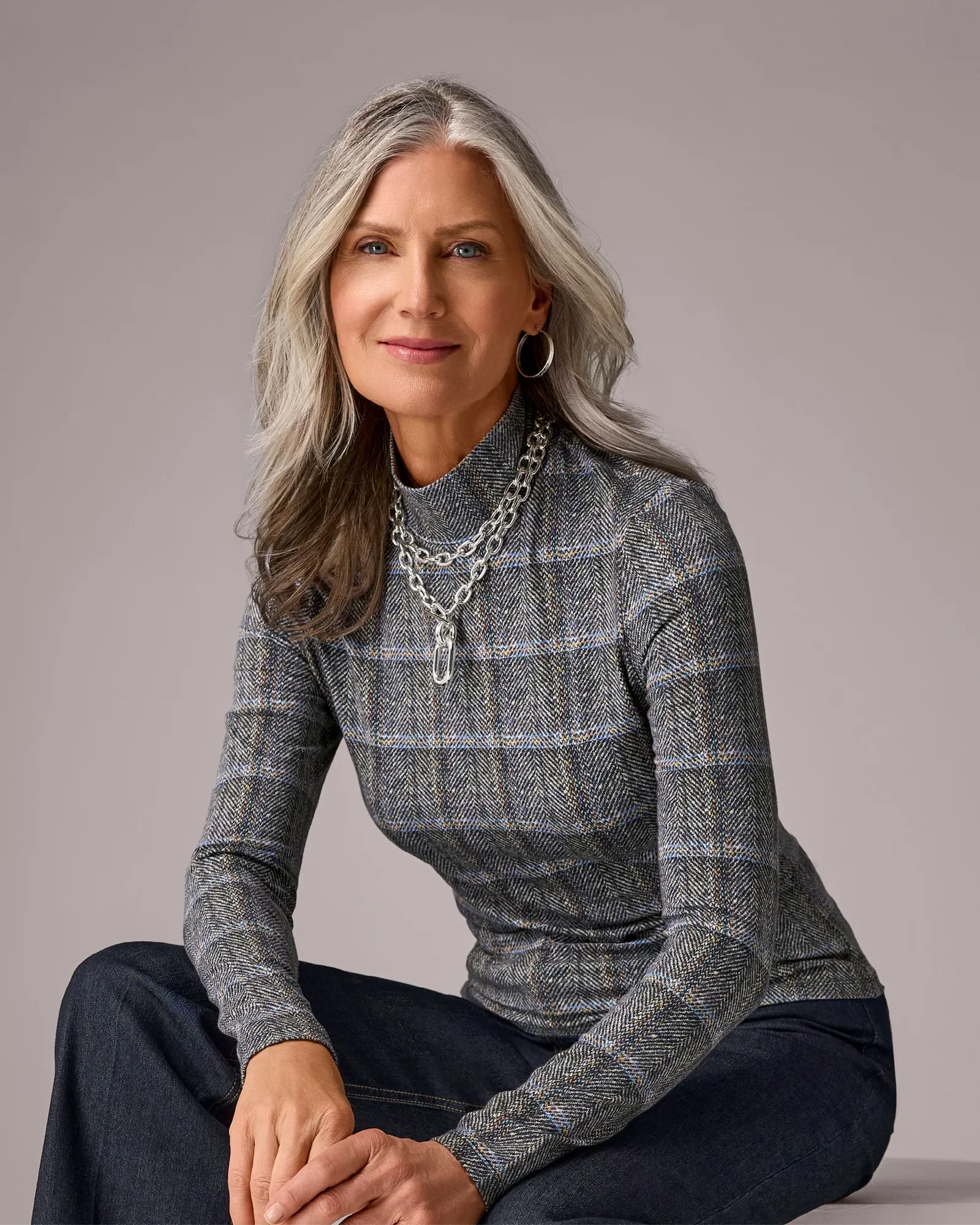 Image of Long Sleeve Printed Turtleneck Top Plaid Fete
