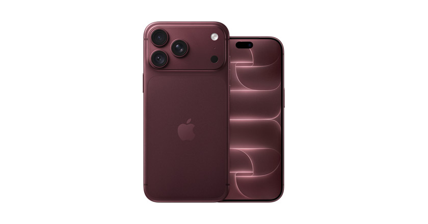 iPhone 18 Pro Max and iPhone 18 Pro: iPhone 18 Pro Max, back exterior, burgundy color (dark red), Pro Fusion camera system at top, Apple logo in center, iPhone 18 Pro, front exterior, all-screen design