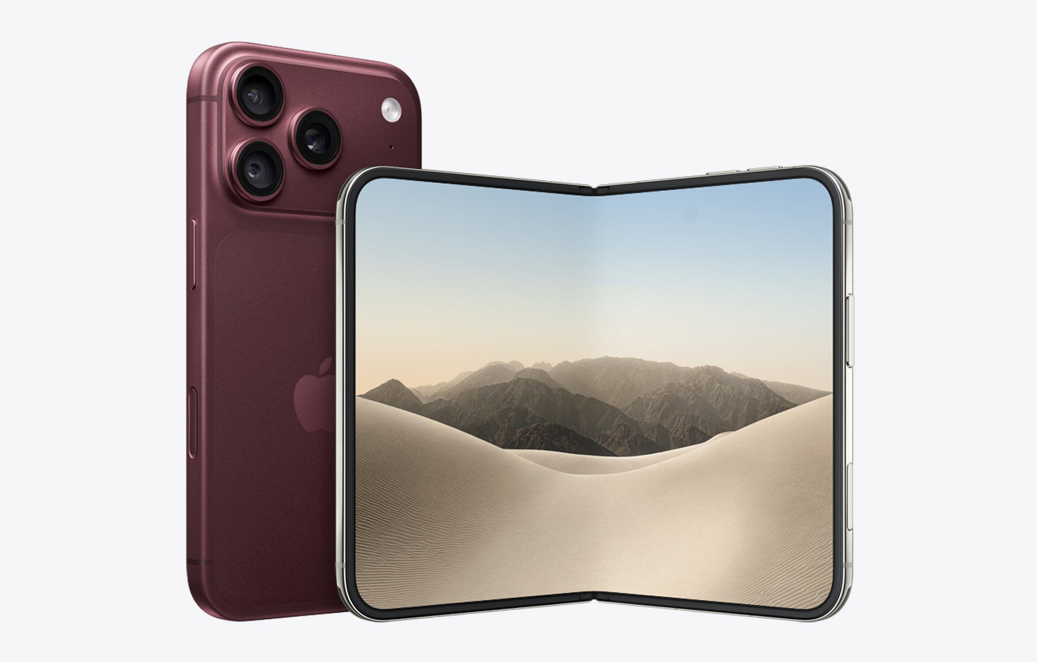 iPhone 18 Pro, burgundy color (dark red), back exterior, Pro Fusion camera system. iPhone Duo, star white color, unfolded landscape orientation, interior display, all-screen design, rounded corners