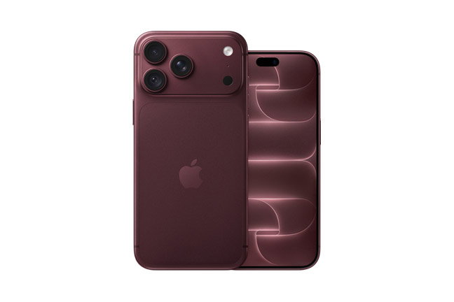 iPhone 18 Pro Max and iPhone 18 Pro: iPhone 18 Pro Max, back exterior, burgundy color (dark red), Pro Fusion camera system at top, Apple logo in center, iPhone 18 Pro, front exterior, all-screen design