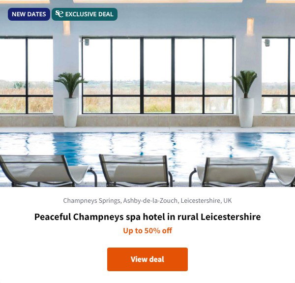 Peaceful Champneys spa hotel in rural Leicestershire