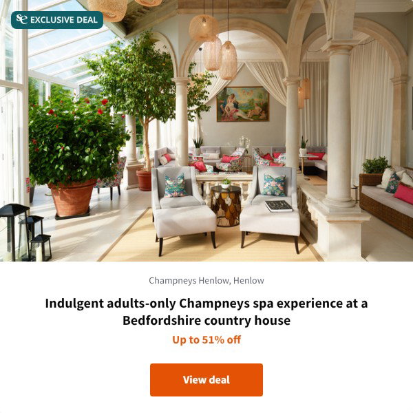 Indulgent adults-only Champneys spa experience at a Bedfordshire country house