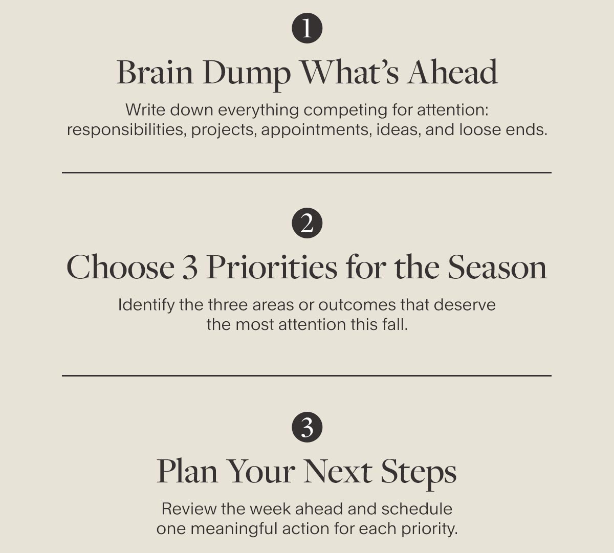1. Brain Dump What’s Ahead. Write down everything competing for attention: responsibilities, projects, appointments, ideas, and loose ends 2. Choose 3 Priorities for the Season. Identify the three areas or outcomes that deserve the most attention this fall. 3. Plan Your Next Steps. Review the week ahead and schedule one meaningful action for each priority.