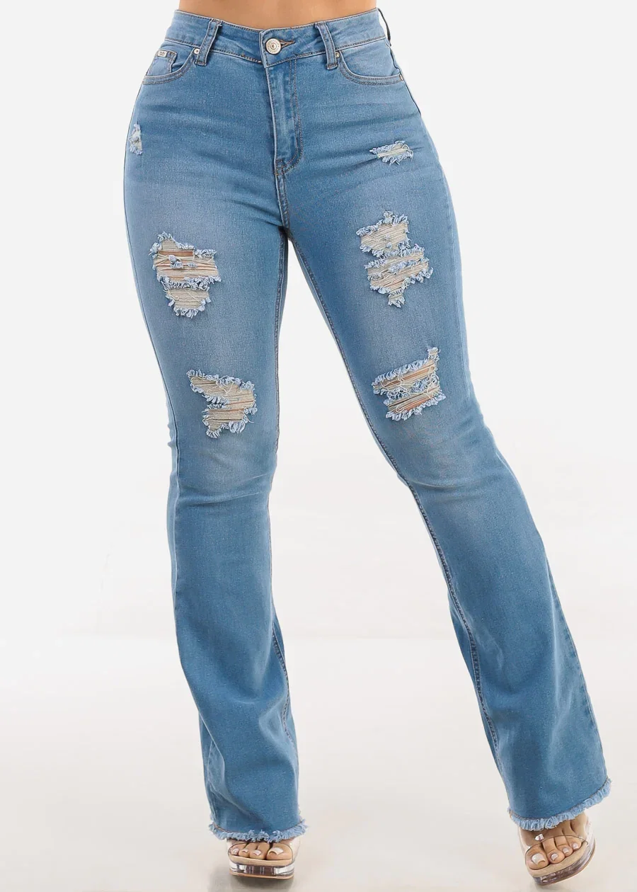 Image of Stretchy High Waist Distressed Bootcut Jeans Light Blue