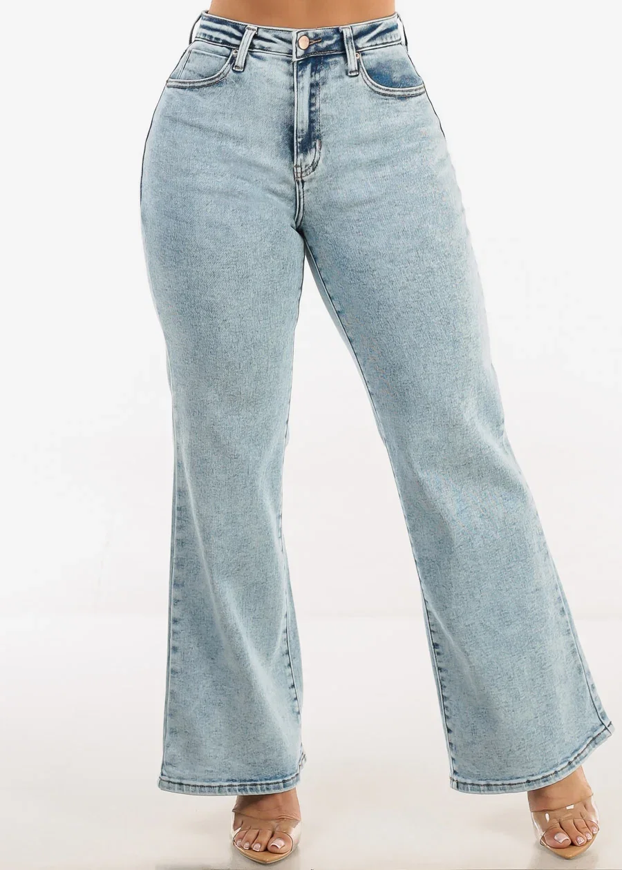 Image of High Waist Straight Wide Leg Stretch Jeans Acid Wash