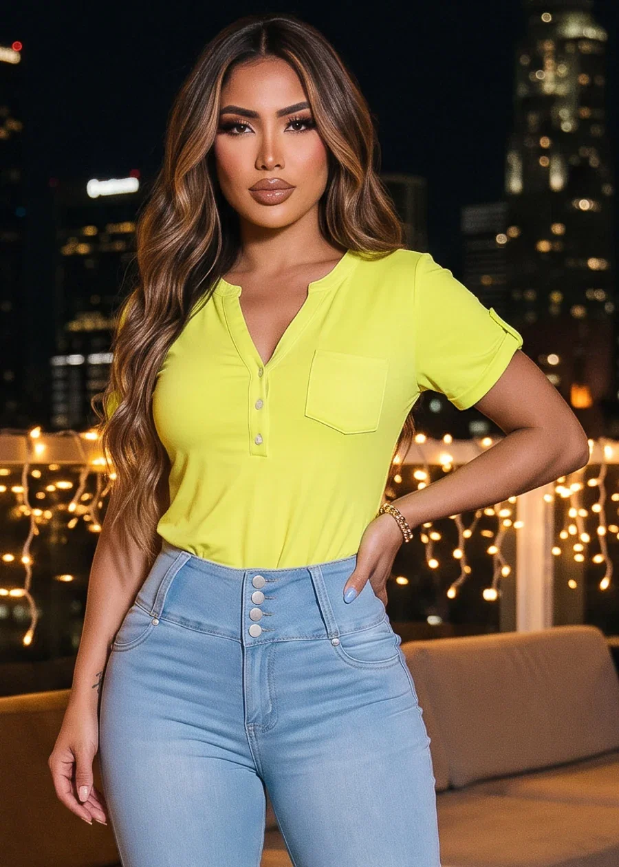 Image of Short Sleeve Half Button Up Stretch Blouse Lime