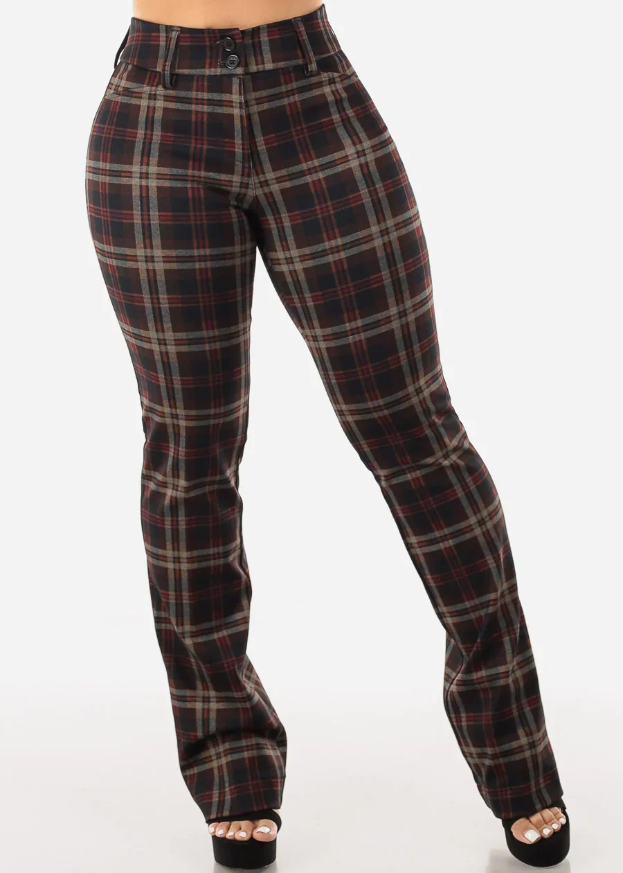 Image of High Waist Plaid Bootcut Stretch Dress Pants Brown