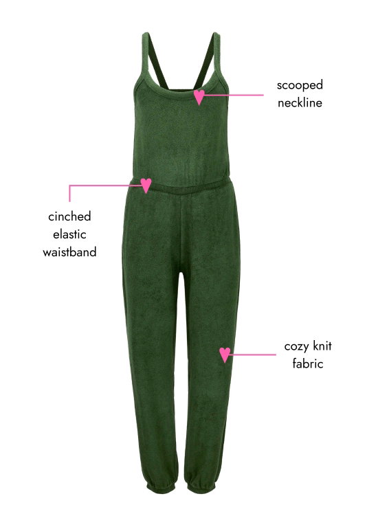 cinched elastic waistband. scooped neckline. cozy knit fabric.