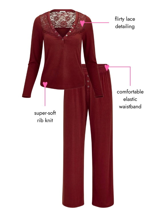 super-soft rib knit. flirty lace detailing. comfortable elastic waistband.