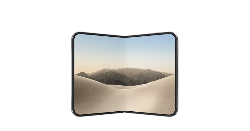 iPhone Duo, star white color, unfolded landscape orientation, interior display, all-screen design, rounded corners