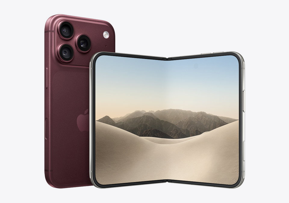 iPhone 18 Pro, burgundy color (dark red), back exterior, Pro Fusion camera system. iPhone Duo, star white color, unfolded landscape orientation, interior display, all-screen design, rounded corners