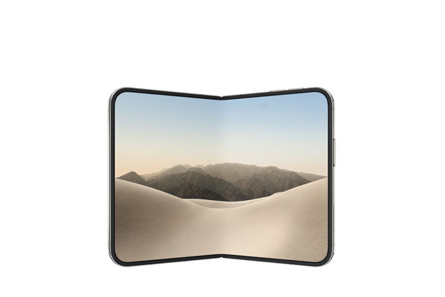 iPhone Duo, star white color, unfolded landscape orientation, interior display, all-screen design, rounded corners