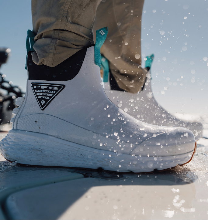 Close up of Dry Tortugas boot with water splashing on it. 